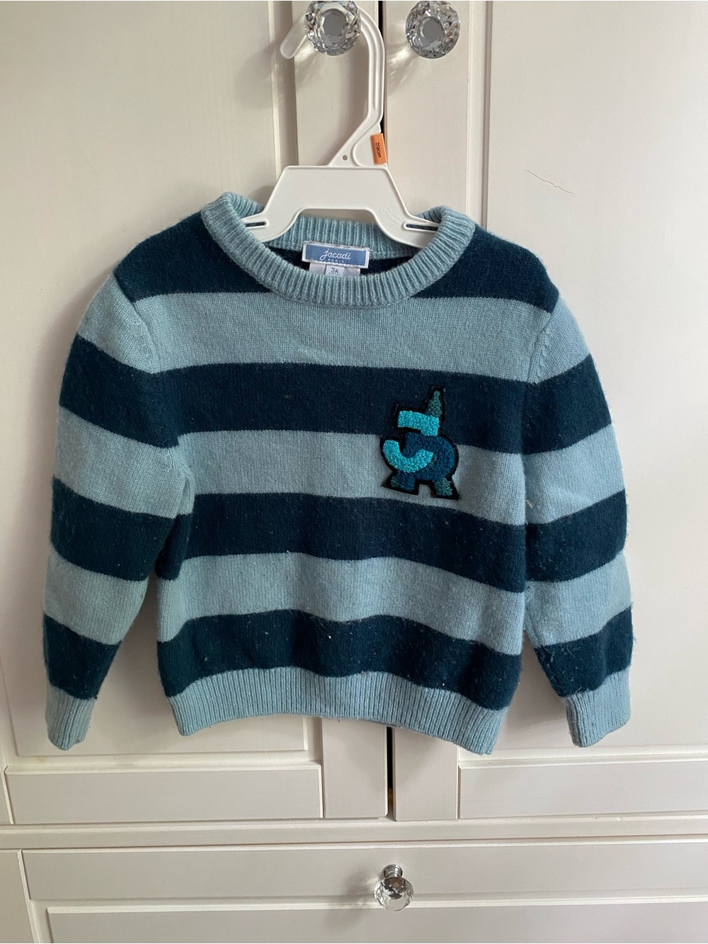 Jacadi Light Blue and Navy Striped Sweater with Number Patch
